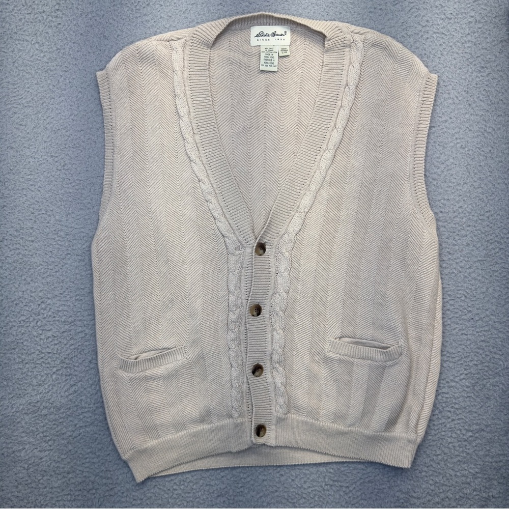 Eddie Bauer Sweater Vest Men Large Beige Cable Cardigan Preppy Grandpa Teacher
